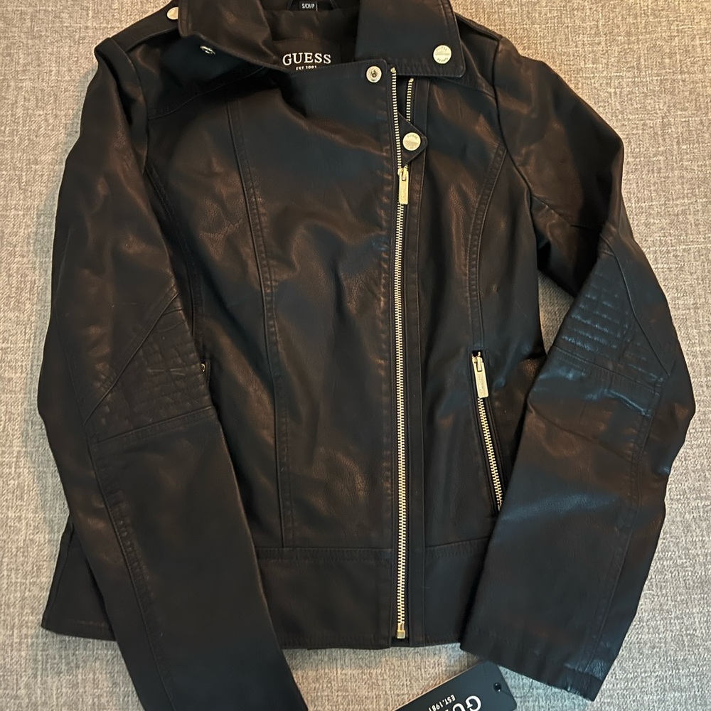 Guess Black Leather Biker Jacket with Polished Finish